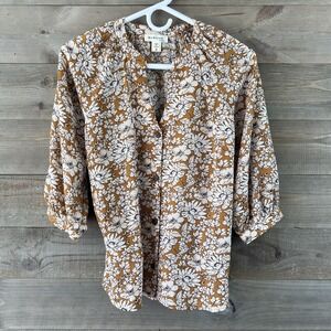 Monteau Womens Shirt Short Sleeve Button‎ Up Vneck Blouse Floral Size Small